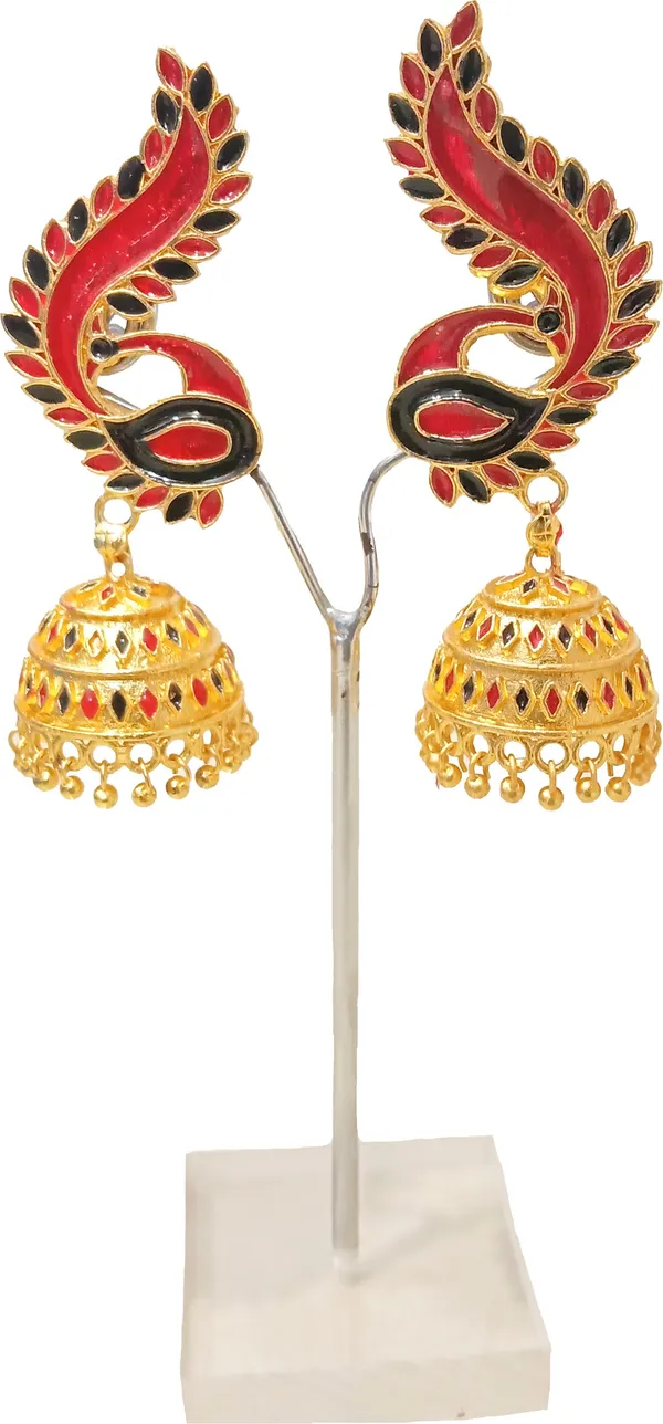 Assamese_Traditional_Copper_Gold_Plated_Red_Black_Color_Mayur_Design_Jhumki_Earring_For_Girls_&_Women